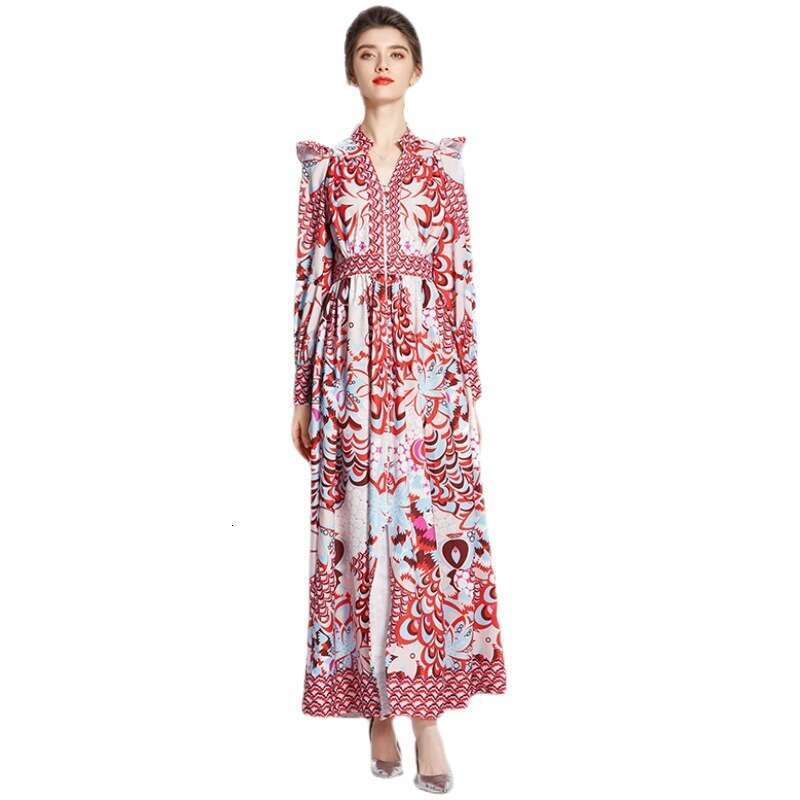 Spring Autumn Seasons Womens Clothing Slim and Elegant V-neck Sleeved Printed Flare Long Dress Self-cultivation Bifurcated Novelty Denim Dress SKINNY 