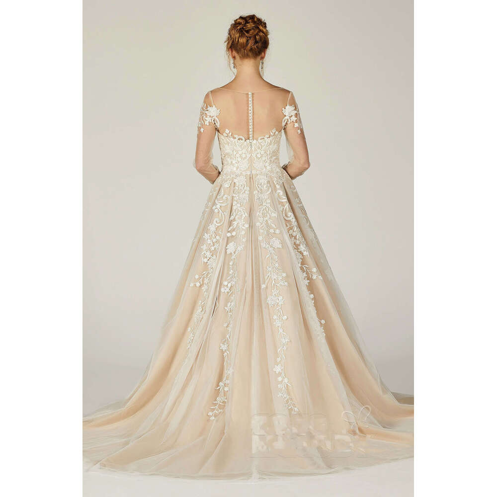 Illusion Sheer Long Sleeves Lace Applique Tulle A E Wedding Dresses Court Train Custom Made Vestido De Morrie