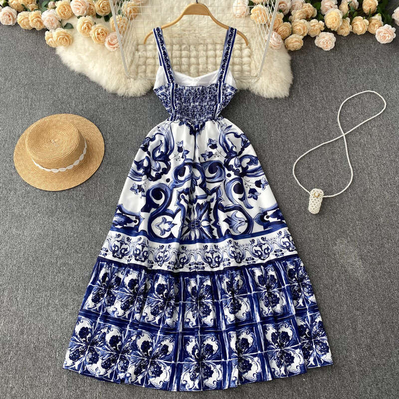 Ethnic Style Waistband Shows Slimming Temperament with A Camisole Dress, Summer Womens Haute Couture Print Stunning A-line Long Skirt Round Neck Dress