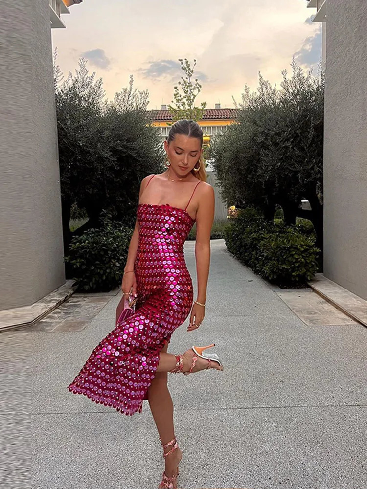 Sequined Tube Top Strap Dress Women Sexy Sleeveless Slim Solid Straight Long Vestidos Fashion Backless Slip Split Evening Robe 240716