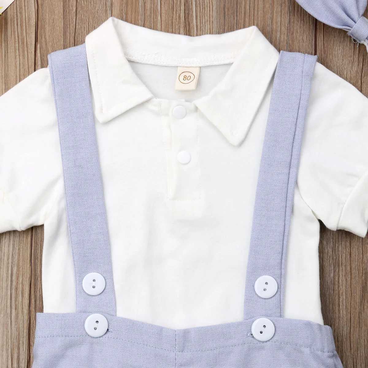 Clothing Sets Babys Gentleman Suit Boys Summer Short Sleeve Solid Color Romper Button Suspender Shorts Bow Tie 3pcs Infant Clothing