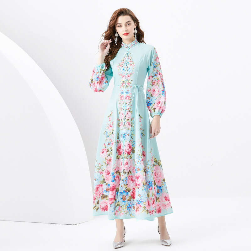 Spring/summer 2024- Vacation Style Stand Up Collar Single Breasted Diagonal Cut Printed Wide Hem Long Dress Loose Self-cultivation Pregnant Womens Dre