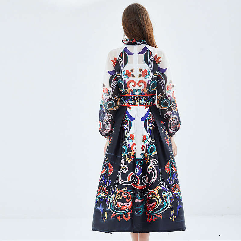 Wind Bright Silk Patchwork Lantern Long Sleeved Waist Positioning Printed Large Hem Fluffy Dress Waist Sexy Bifurcated Pregnant Womens Dress Oversize 