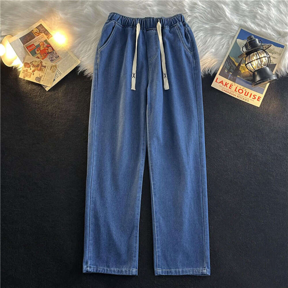 Denim Men's Winter Baggy Straight Trousers High Street Ulzzang Handsome Elastic Waist Pure Color American Loose Pants