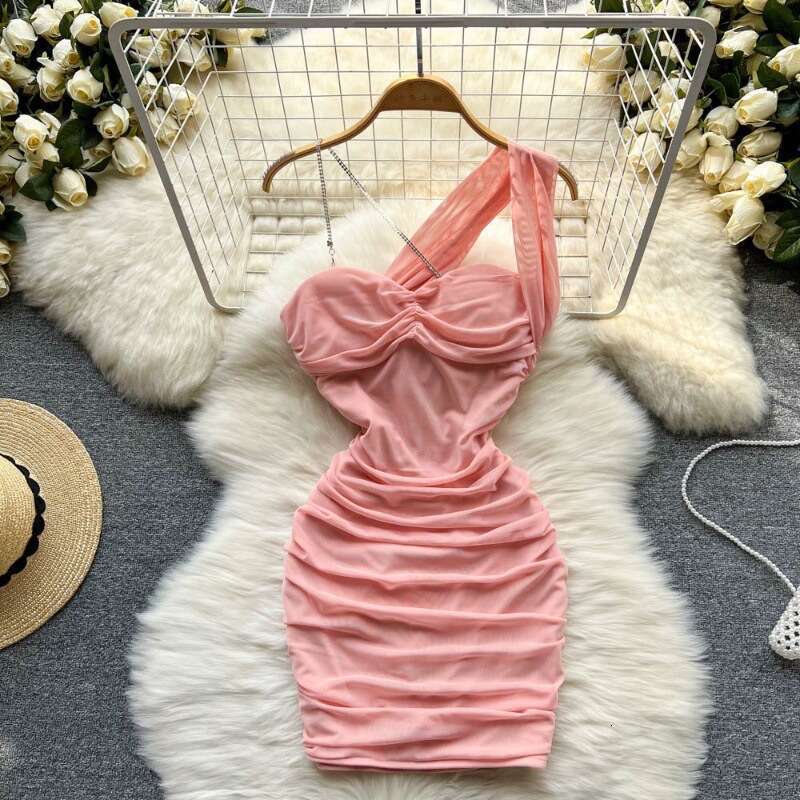 Hanging Neck, Mesh Pleated, Off the Shoulder Bag, Buttocks, Sexy Dress, Womens Bra Design, Unique Waist Cinching, Spicy Girl Skirt Lace Dress Denim Dr
