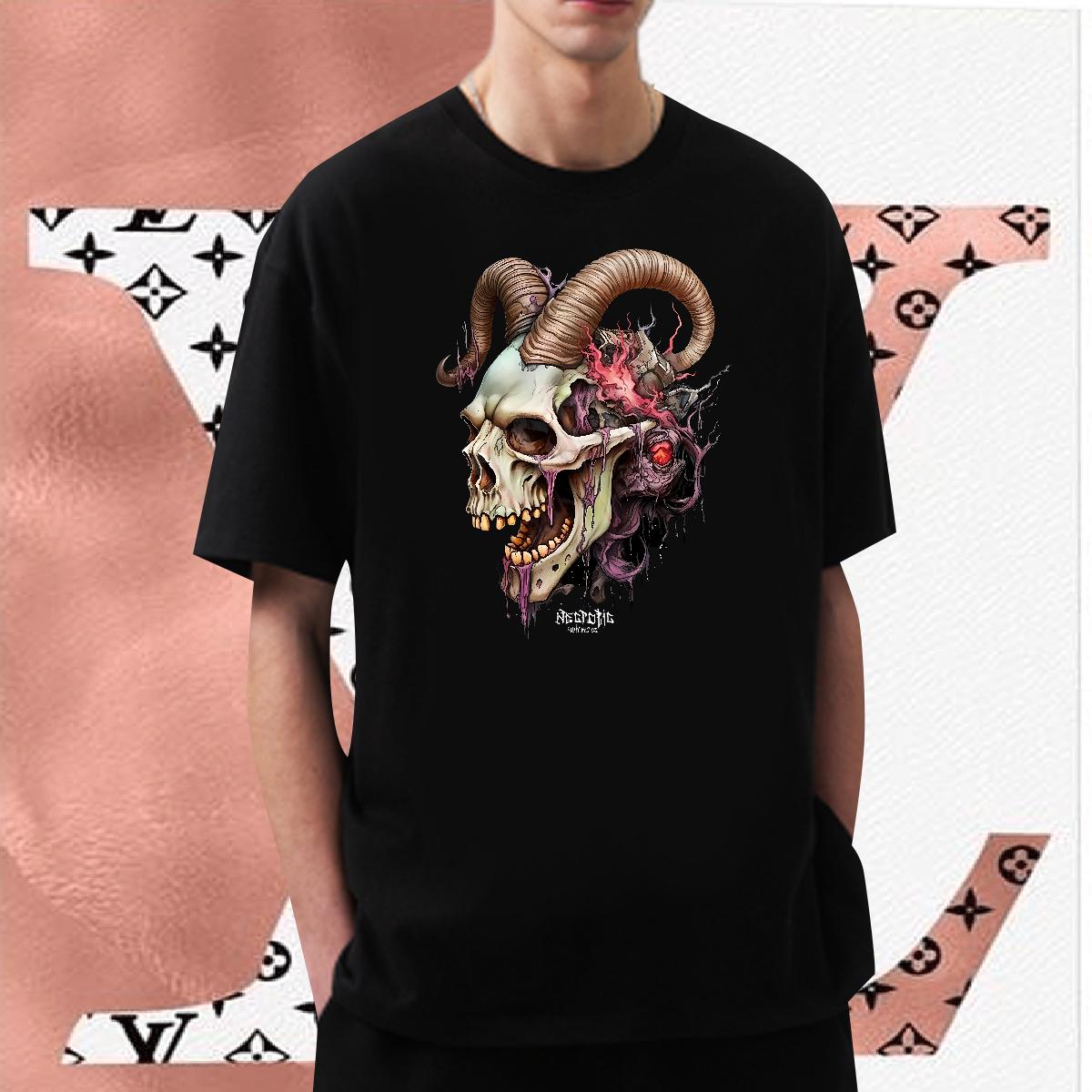 2024 New T-Shirts for Men Skeleton 230g Cotton DIY Anime Couples T Shirts High Street Hip Hop Breathable Crew Neck Popular Clothes