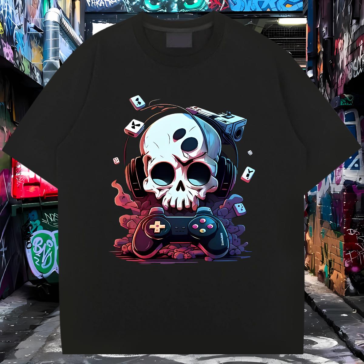 Comfortable Mens T Shirts Skeleton 230g Cotton Anime Printing Street Breathable Crew Neck Cotton Men Tshirts Classic Oversized 3XL 4XL Wear