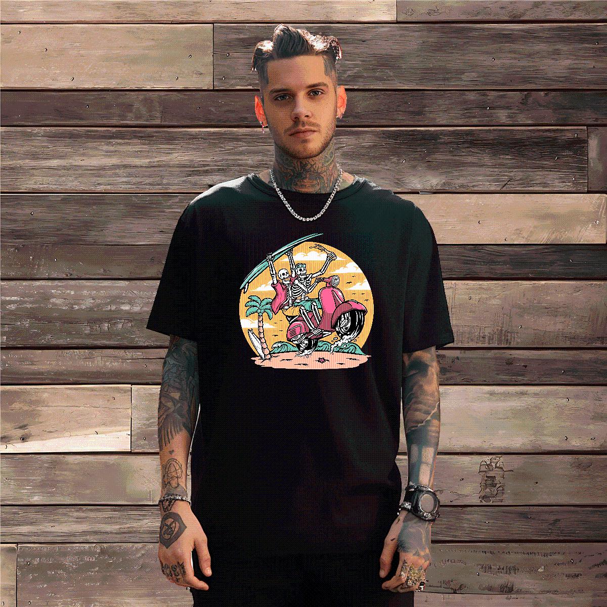 DIY Customized Men T Shirts Skeleton 230g Cotton Oversized Home Outdoor Tshirt for Man Woman Round Neck Short Sleeve Cool