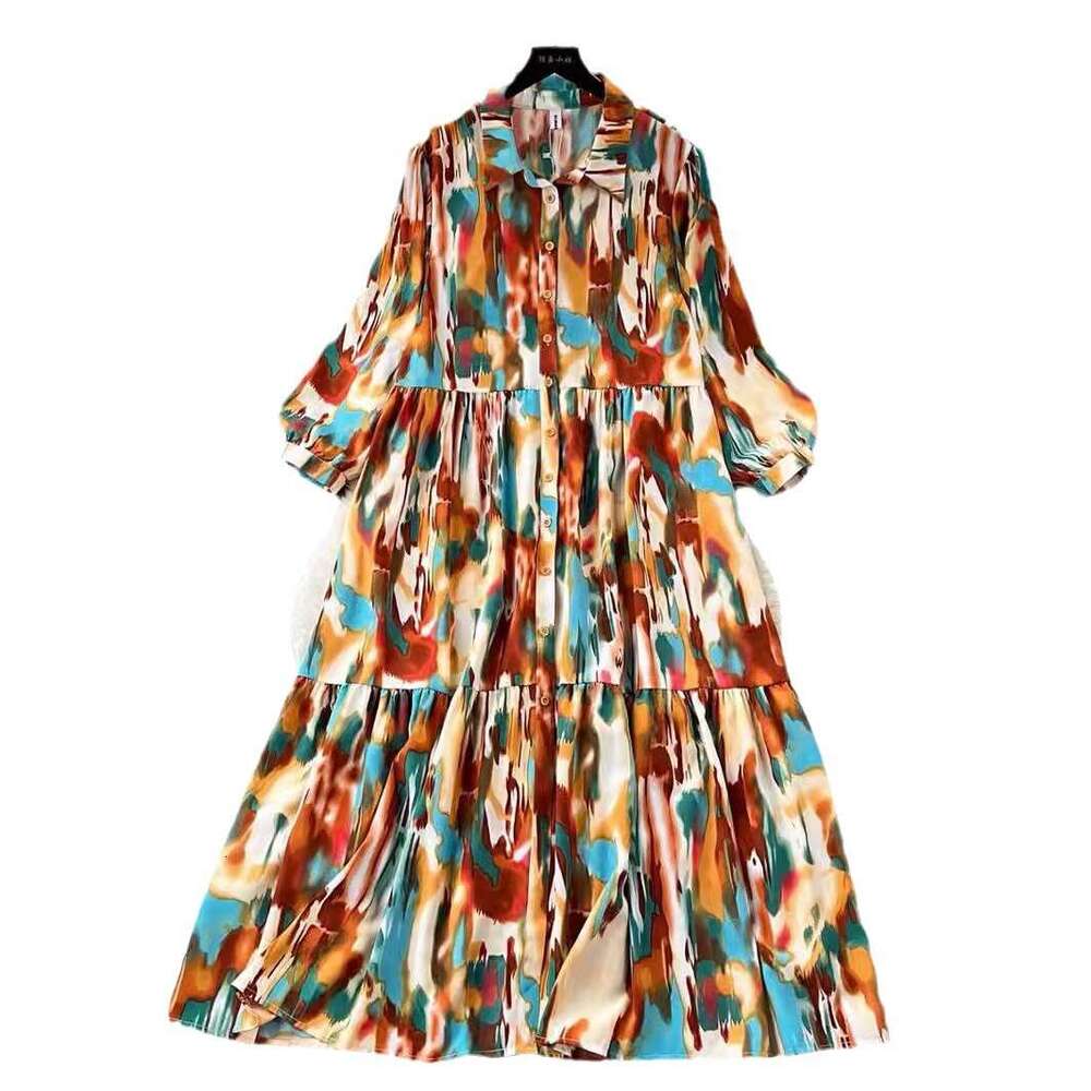 Small High-end Feeling Halo Dyed Printed Dress for Women, Lazy, Casual, Loose and Slimming A-line Large Hem Shirt Skirt Pregnant Womens Dress SKINNY D