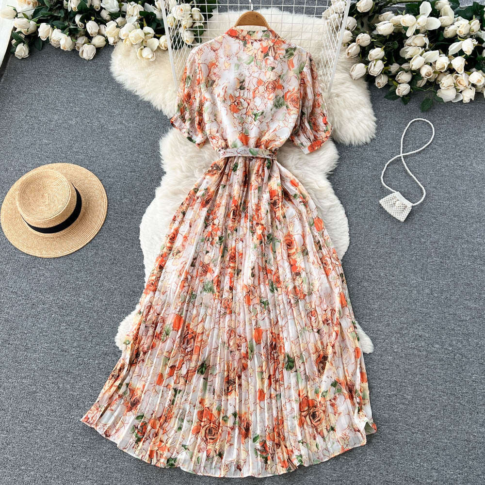 French Waistband with Slimming Design and A Small Crowd Pressure Pleated Bubble Sleeve Dress for Womens Clothing Korean Style Floral Long Skirt Oversi