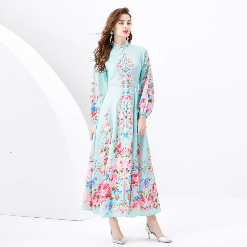 Spring/summer 2024- Vacation Style Stand Up Collar Single Breasted Diagonal Cut Printed Wide Hem Long Dress Loose Self-cultivation Pregnant Womens Dre