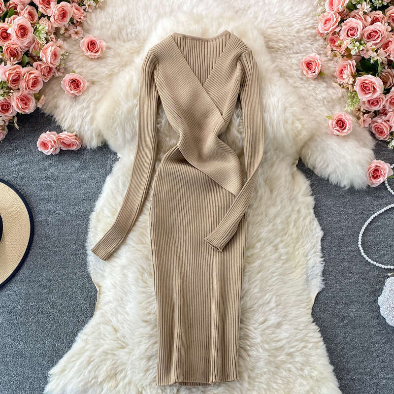 French Sexy Deep V-neck Knitted Dress 2021 Autumn Harvest Waist Slimming Temperament Hepburn Mid Length Skirt Waist Novelty Lace Dress Round Neck Dres