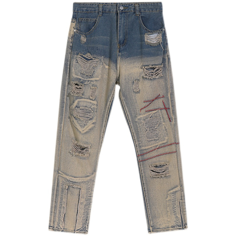 Large size trendy brand high street style American jeans men, vintage hip-hop, ripped, washed loose pants for women