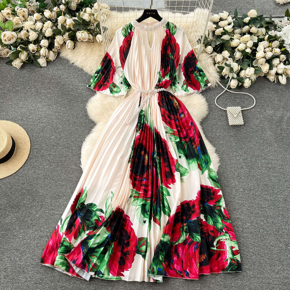 European Oversized Womens Clothing, High-end Printing, Heavy-duty Beaded Long Dress, Pleated Skirt, Temperament Dress for Women Waist Denim Dress SKIN