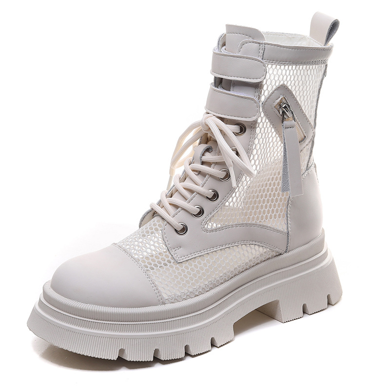 Hollow out Martin boots women's summer thin sandals leather mesh boots breathable mesh cool boots high heels thick heels white short boots