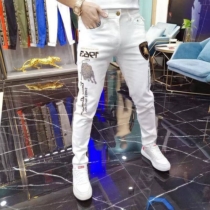 MIKEJIE Fashion 2023 Spring and Summer Tide Brand White Jeans Trend Taurus Hot Drill Embroidery Stretch Slim Men's Pants