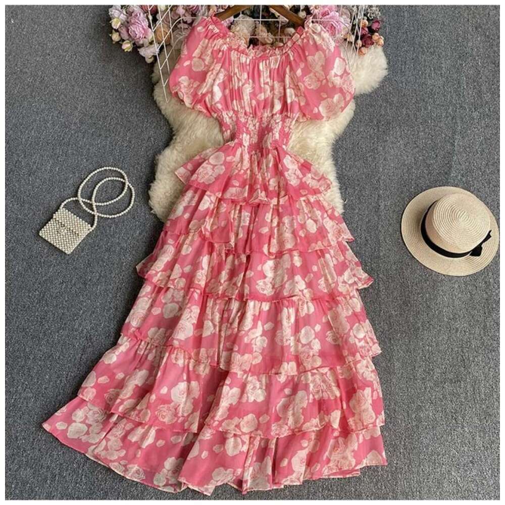 Fragmented Chiffon for Womens Summer New Bubble Short Sleeved Waist Slimming Holiday Luxury Cake Dress Fishtail Dress Waist Short BOHO DRESS High Wais