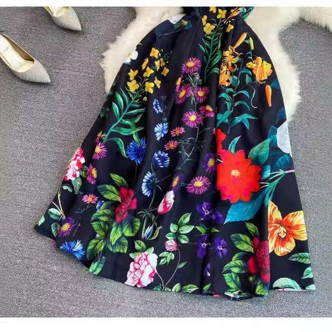 French Haute Couture Tea for Summer Break, Fashionable Elegant, Slimming Slimming. Sleeveless, Backless and Waistless Print with A-line Dress High Wai