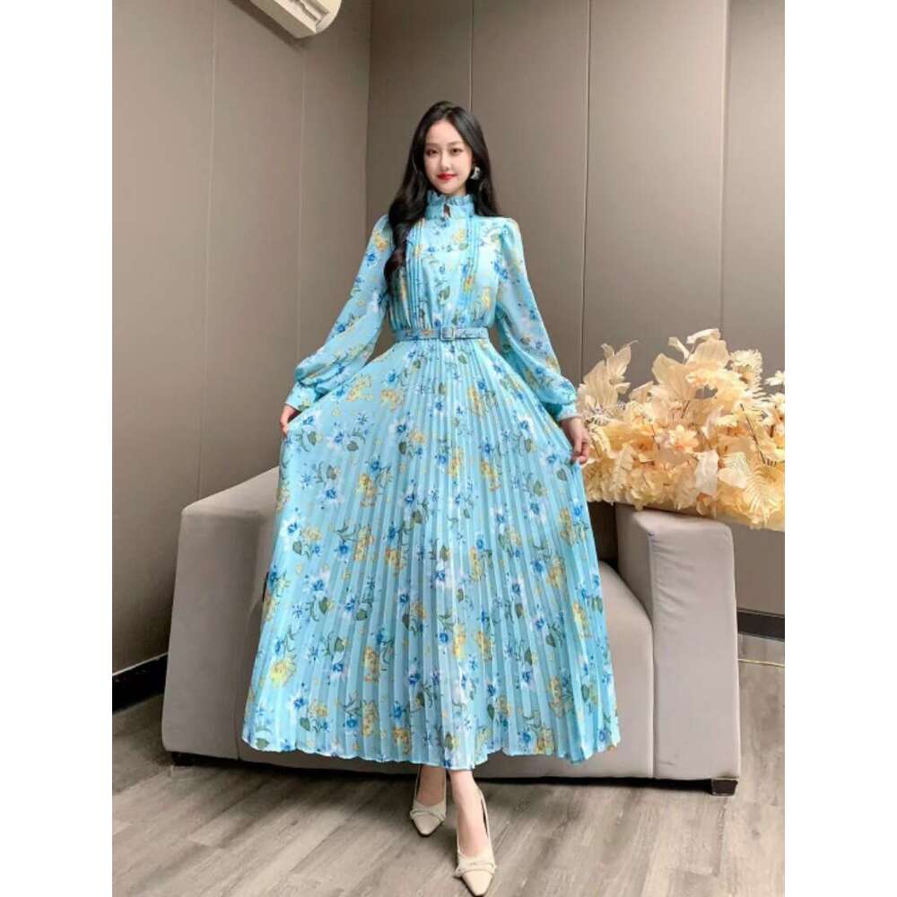 Spring New Sweet Auricularia Edge Button Slim Fit Long Hundred Fold Chiffon Dress with Fragmented Flowers Bubble Sleeves French Womens Temperament Lac