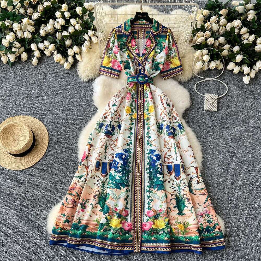 Fashion Ventilation 2024 Summer New Womens Shirt Collar Single Breasted Waist Wrap Print French Elegant Long Dress Floral Dress Waist Novelty Round Ne