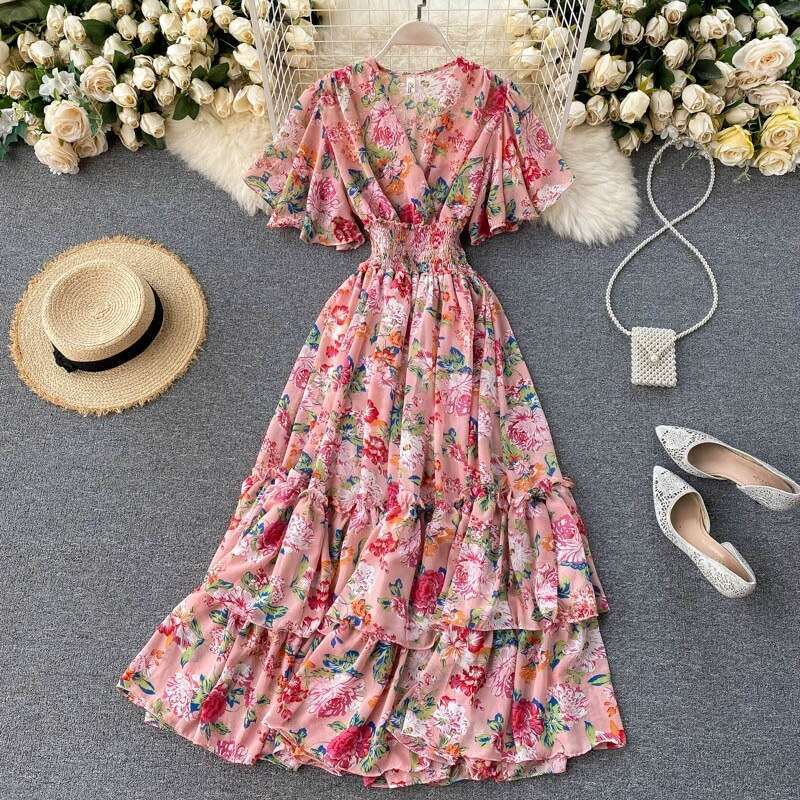 T Typhoon Beautiful Dressv Neck Ruffle Edge High Waist Slim Fit Large Hem Printed Fairy Dress Loose Sexy Waist Bifurcated Short Round Neck Dress SKINN
