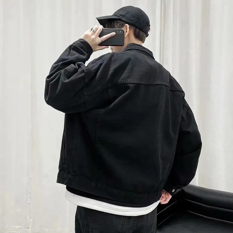 Black Denim Short Jacket Men Jeans Coats Casual Windbreaker Pockets Overalls Bomber Streetwear Man Clothing Outwear 240716