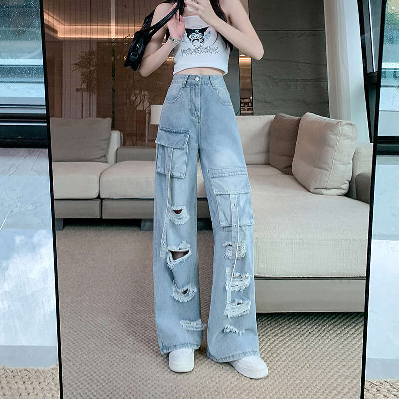 ~black Multi Pocket Ripped Workwear Jeans for Women's Summer New High Waisted Straight Leg Pants Super Elasticity Pants Trousers Cartoon Gold Vel