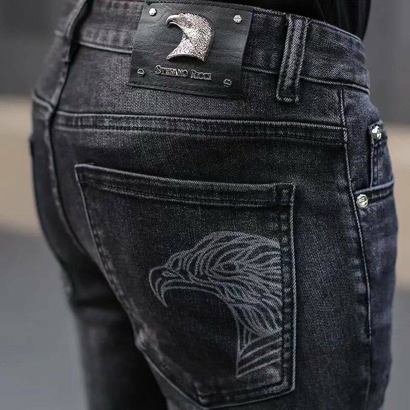 Gray jeans spring and autumn men's elastic slim feet pants Korean casual trend all-match