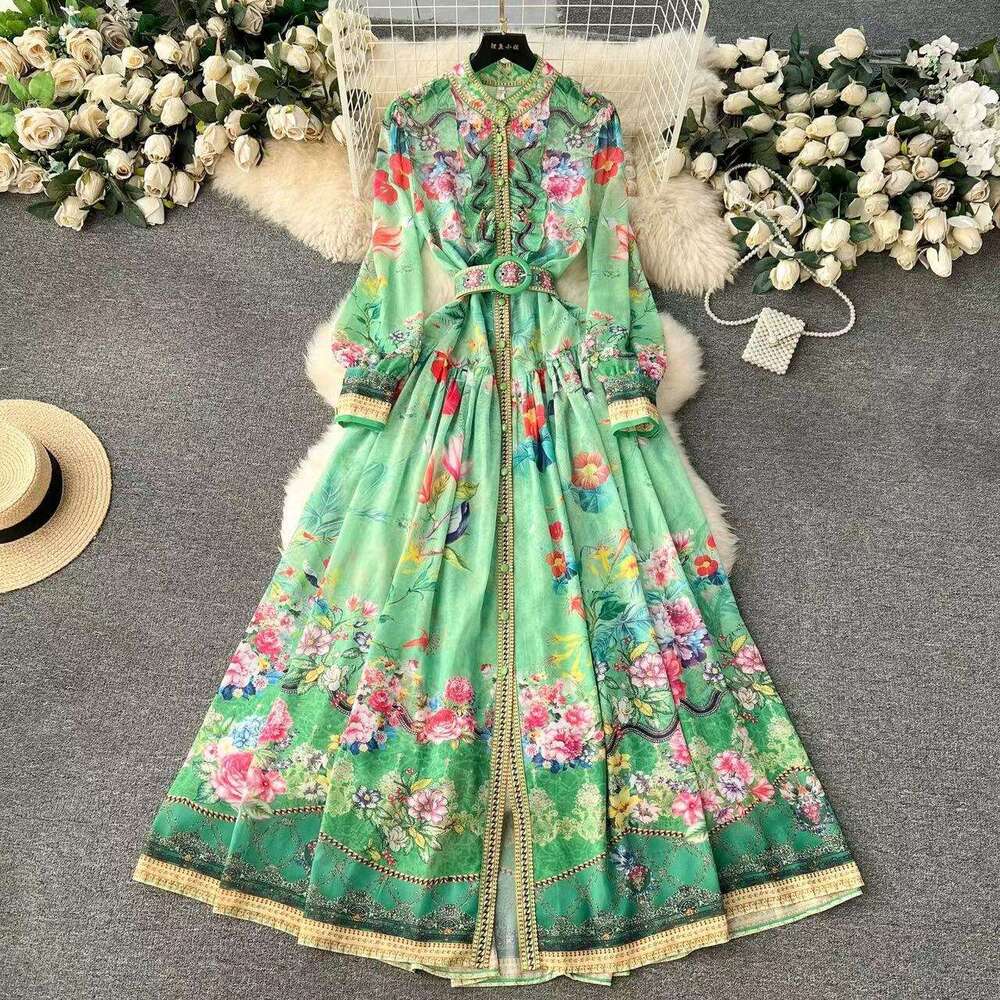 French Elegant Printed Dress, Western Style, Age Reducing Fashion, High Grade Feeling, Flare Sleeves, Waist Closing, Single Row Button Skirt High Wais