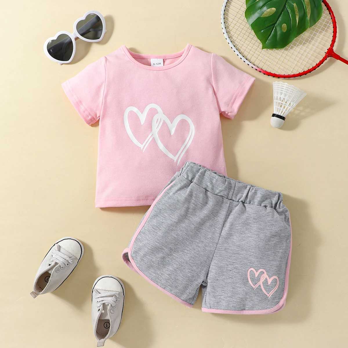 Clothing Sets Baby Girls Heart Print Top Contrast Binding Track Shorts 2Pcs Sets Infant Newborn Casual Summer Clothes