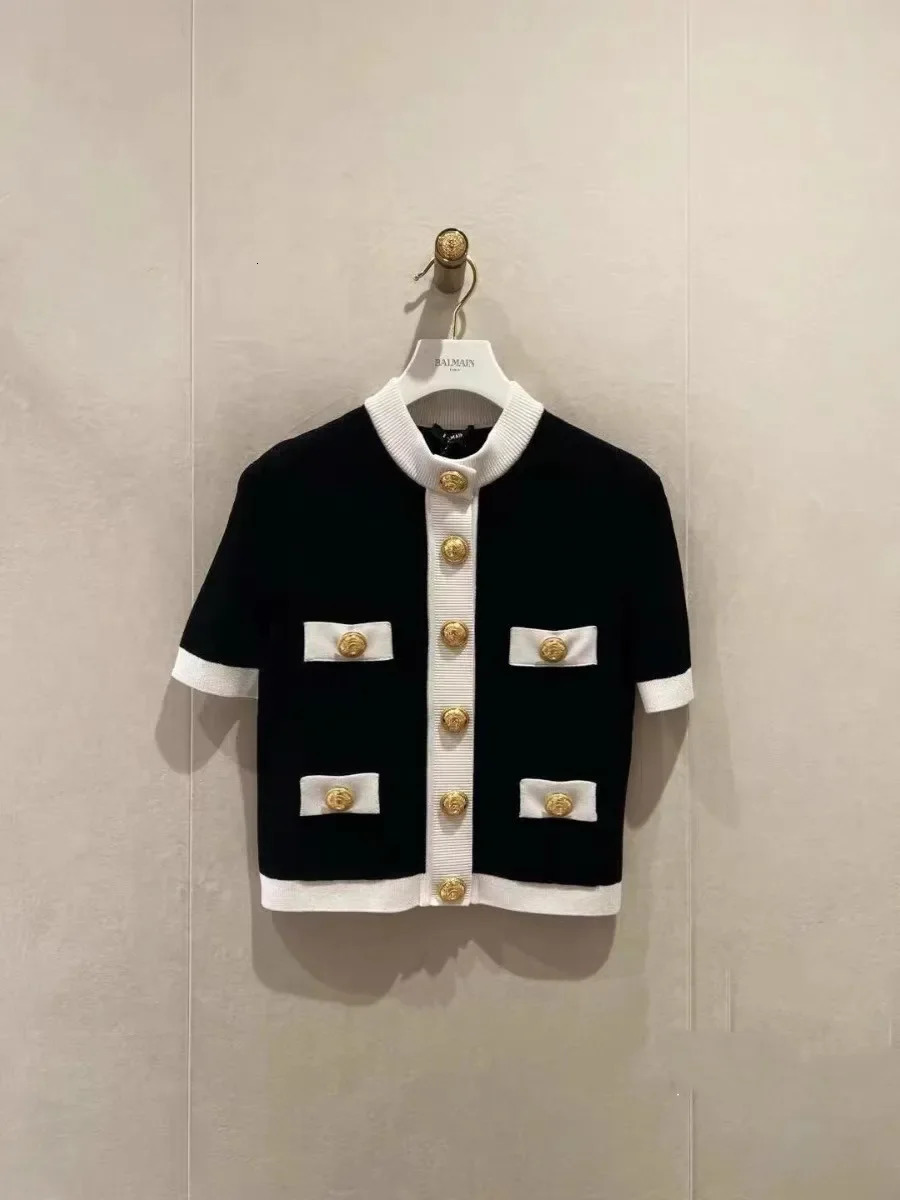 Stylish Vintage Knit Sweater Women Gold Buttons Cardigans Tops Summer Short Sleeve O-neck Elegant Fashion Chic Knitwear 240708