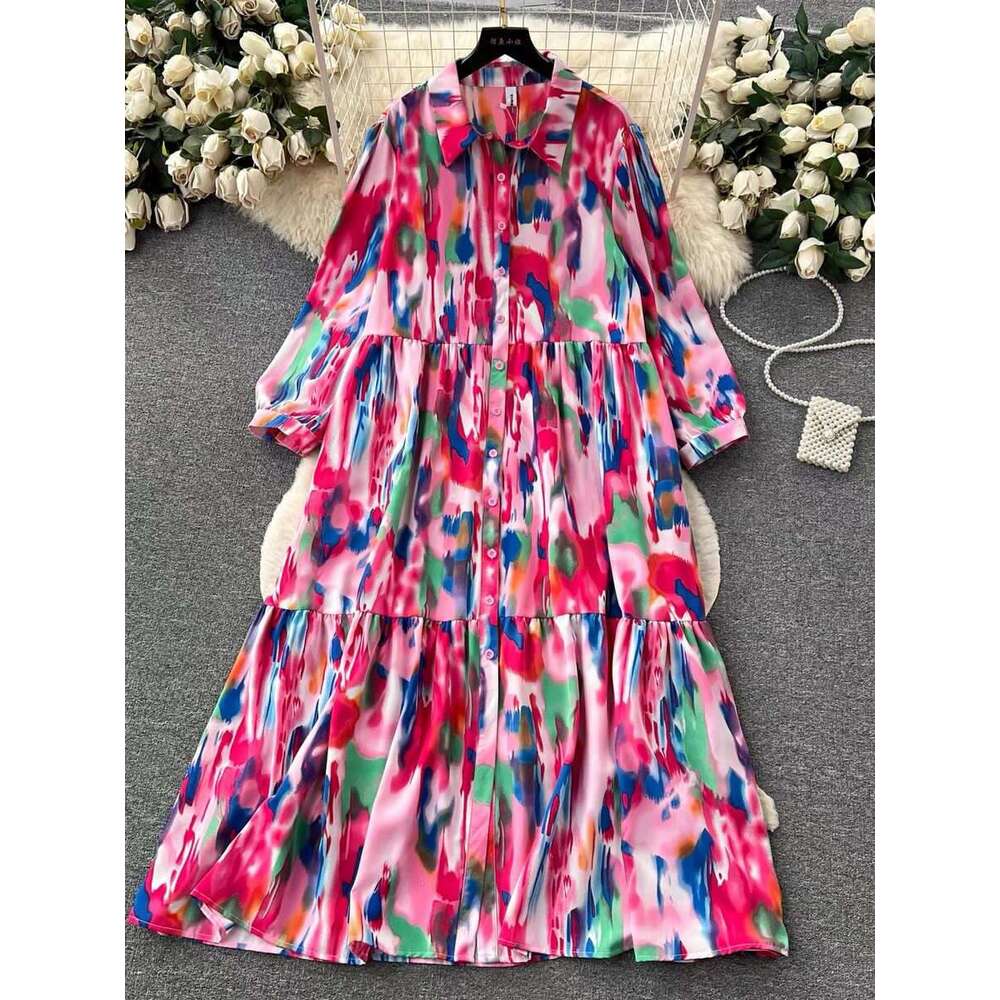 Small High-end Feeling Halo Dyed Printed Dress for Women, Lazy, Casual, Loose and Slimming A-line Large Hem Shirt Skirt Pregnant Womens Dress SKINNY D