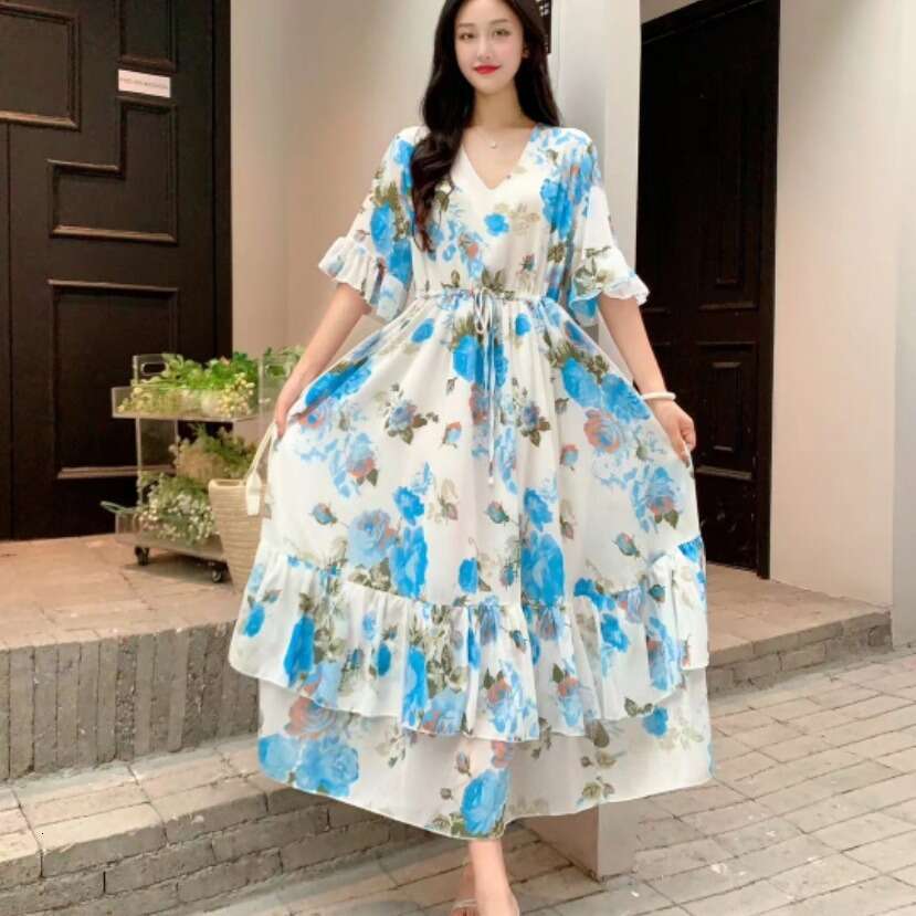 Summer New Ruffle Edge Style Fragmented Flower Slim Fit Waist Slimming Lace Up Chiffon Short Sleeve Long Dress Vacation Oversize Dress Pregnant Womens