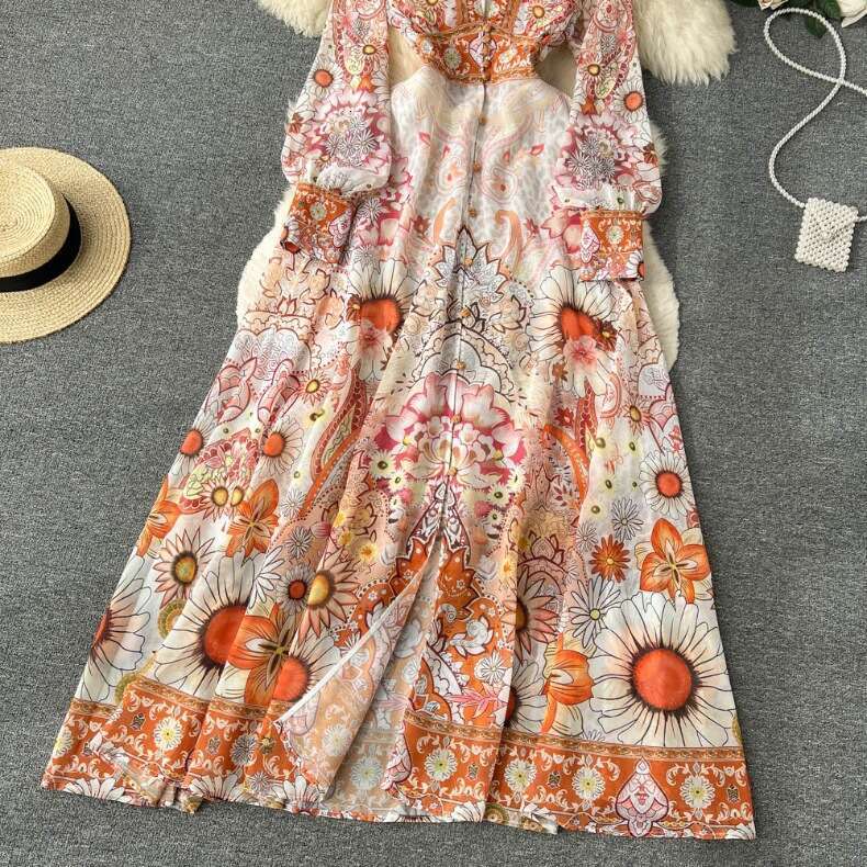 Spring and Autumn Seasonal Fake French V-neck Long Sleeved Printed Womens Waist Wrapped A-line Large Swing Dress Short Bifurcated Oversize Dress Lace 