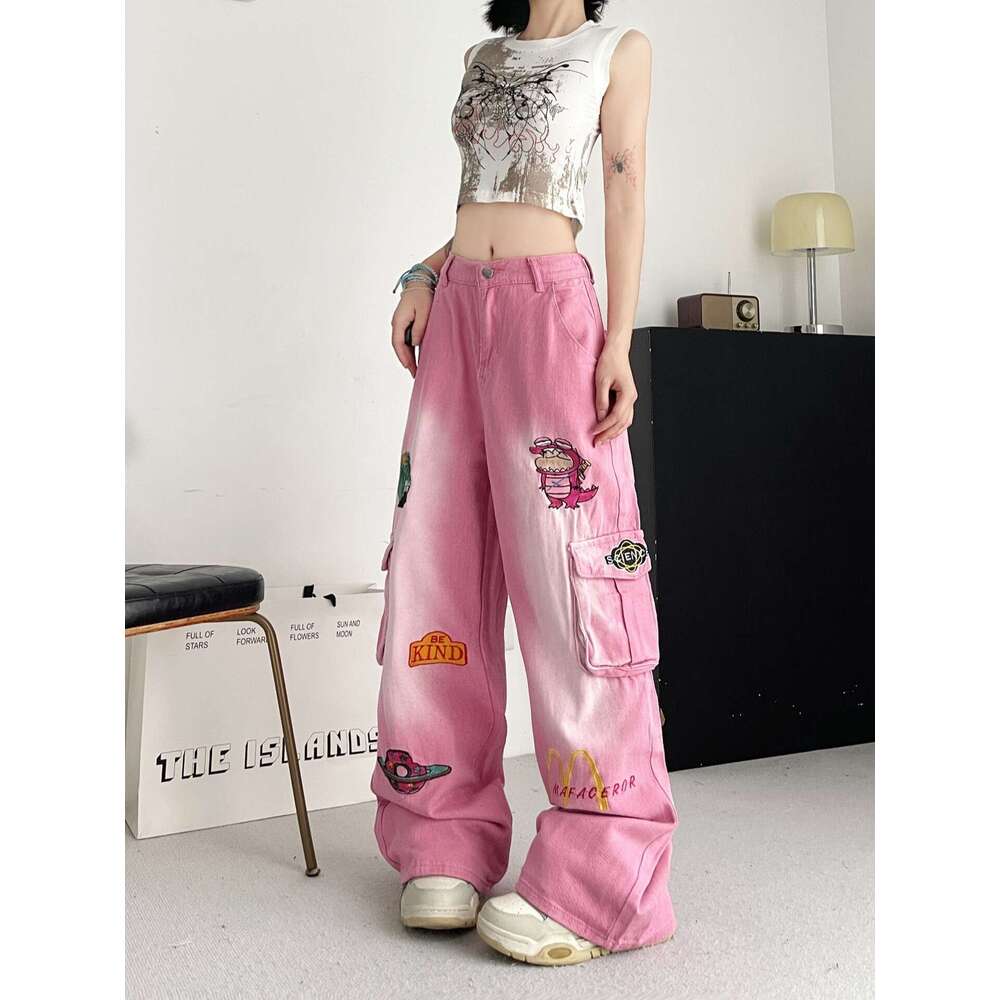 American Cartoon Embroidered Pink Workwear Jeans with High Street Design, Loose Straight Wide Leg Pants Sport Men Pants Cotton Gold Velvet Pants