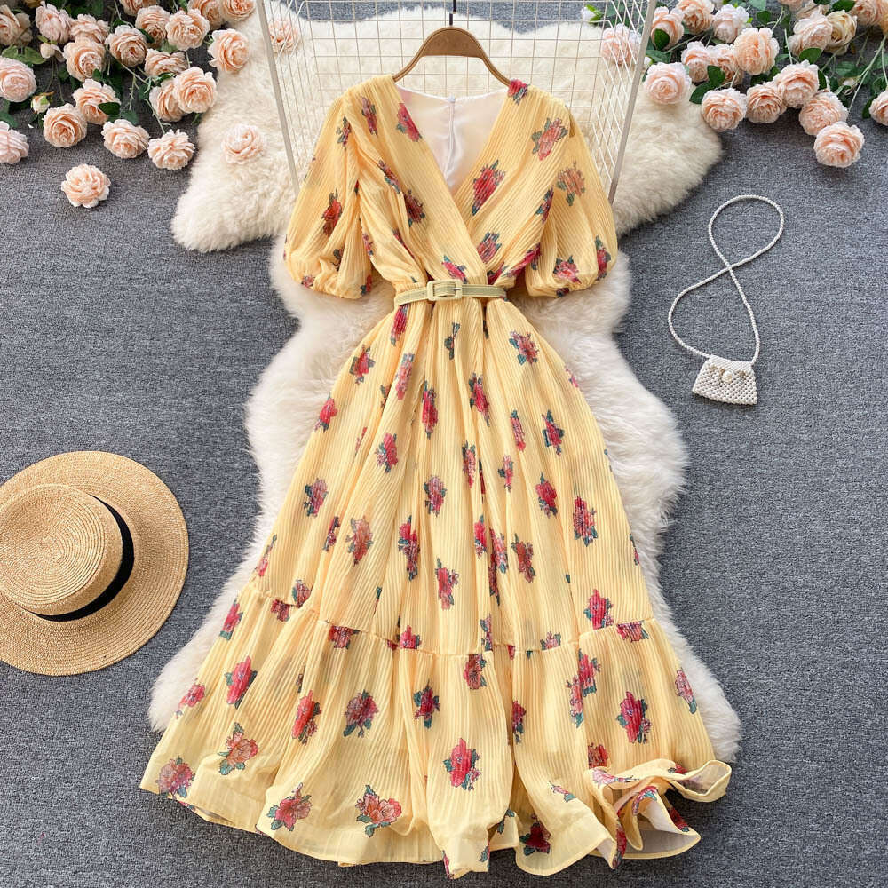 2022 Summer Literary and Ethnic Style Elegance Fragmented Flower Chiffon Dress Womens Waistband Slim A-line Long Skirt Bifurcated Waist Short Sexy Den