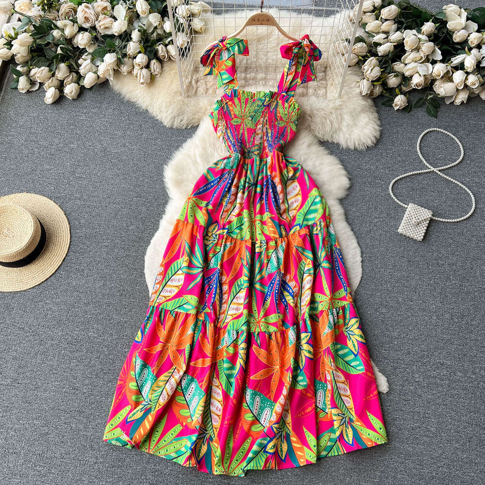 Travel Vacation Skirt Summer New Bra Tie Off Shoulder Waist Large Hem Printed Dress Short Novelty Self-cultivation Temperament Denim Dress Lace Dress