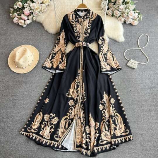 Palace Style Speaker Long Sleeved Lapel with Waistband Single Breasted A-line Positioning Printed Dress for Women Loose Bifurcated Lace Dress