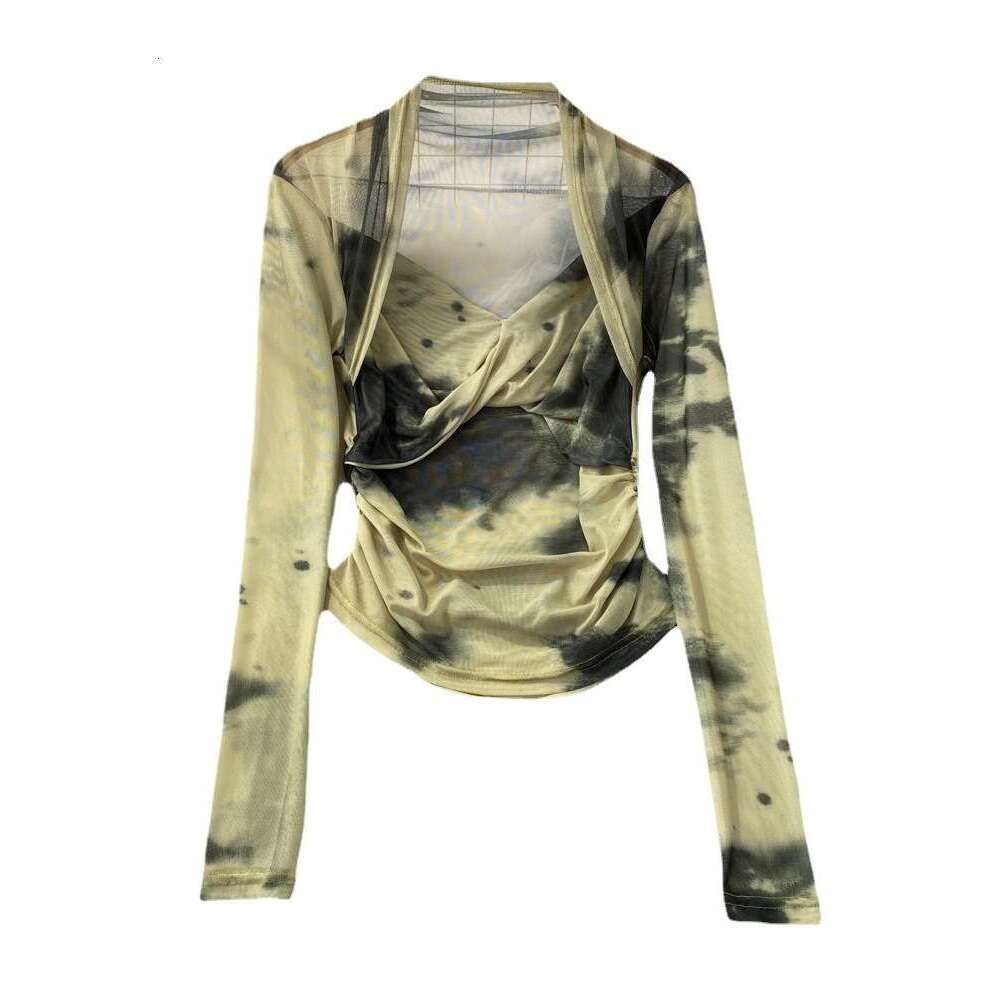 Summer Fashion Spicy Girl Camo Tie Dyed Long Sleeved V-neck Mesh T-shirt Womens Western Style Slim Fit Wrinkle Short Top Novelty Sexy Lace Dress BOHO 