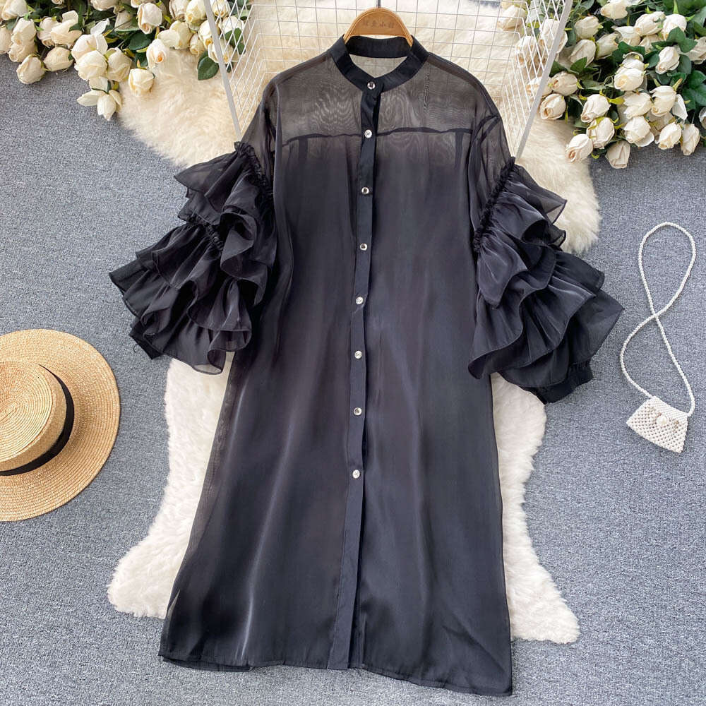 Spring Style Western-style Design with French Ruffle Edge and Three-dimensional Flower Sleeves, Loose Single Breasted Dress High Waist Dress Oversize 