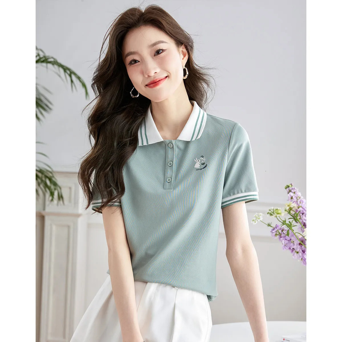 Polo Shirt Women Short Sleeve Buttons Collar Cotton Casual T-shirt Solid Sportswear Female Golf Clothes Summer Pullovers 240713