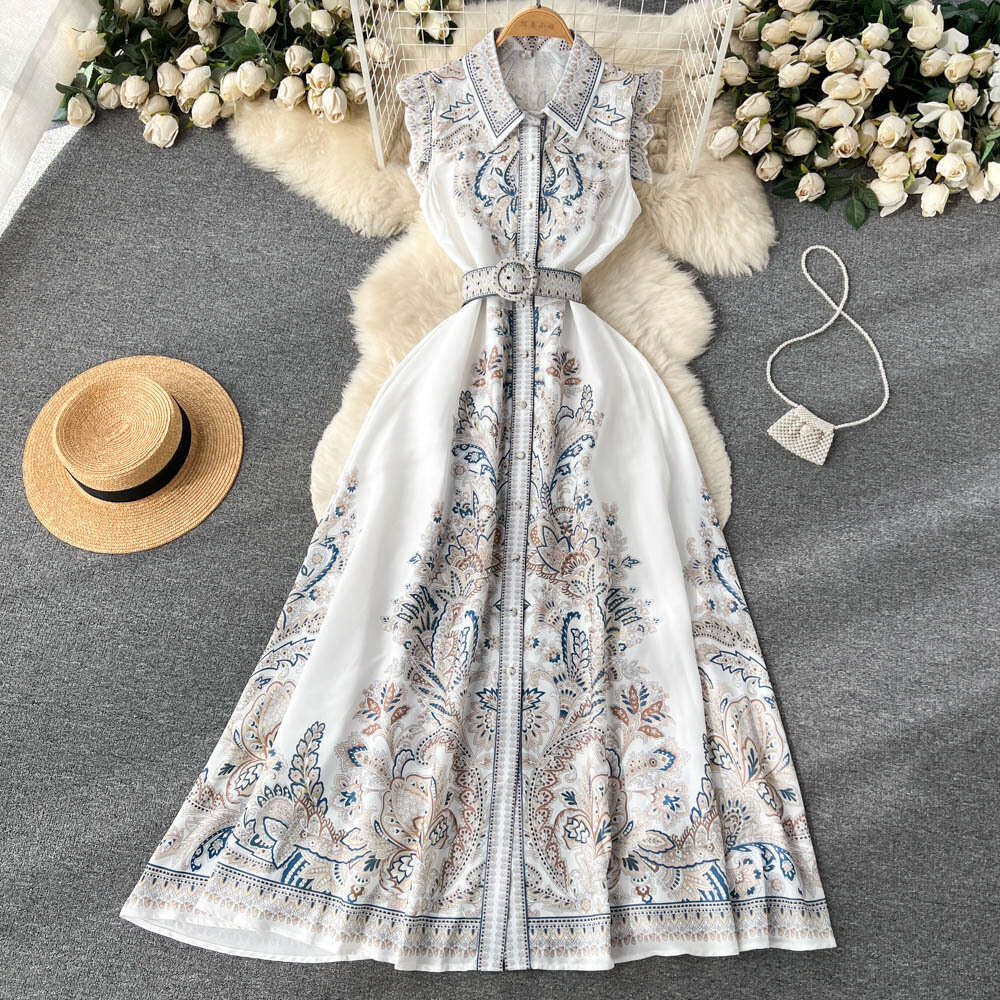 Summer Lapel Sleeveless Printed Dress for Women in French Court Style with A Waistband and Large Hem, A-line Long Skirt Autumn Dress Women Short Sexy 