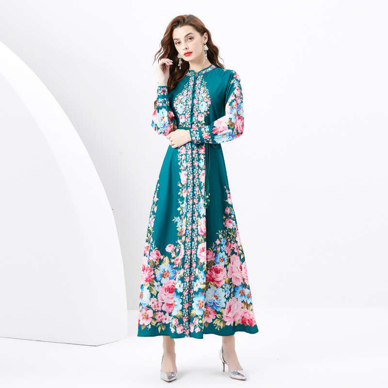 Wind 2024 Spring Vacation Style Stand Up Collar Single Breasted Lantern Sleeves Printed Wide Swing Long Dress Temperament Loose Waist Oversize Dress S