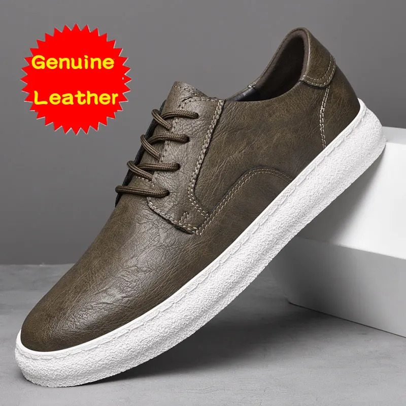 Leather mens casual sports shoes breathable round toe anti slip embossed flat plate spring autumn lightweight walking sports shoes 240715