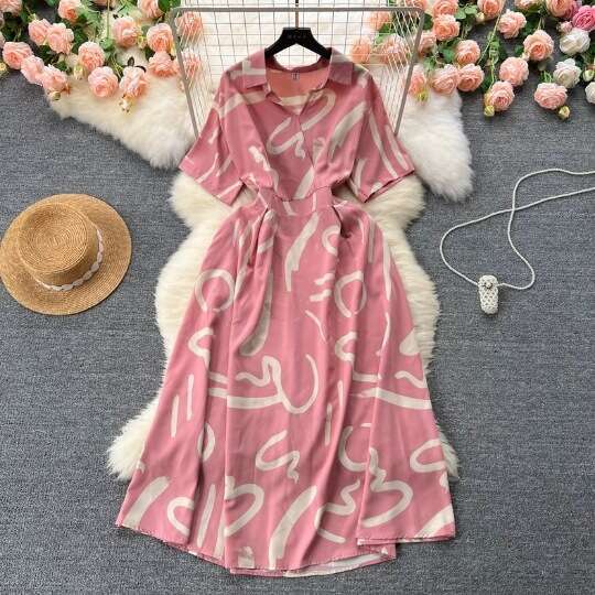 Summer New Tea Break French Style Waist Wrap for Slimming Elegance Short Sleeved Printed Vacation Womens Dress Loose Novelty Sexy Bifurcated Round Nec