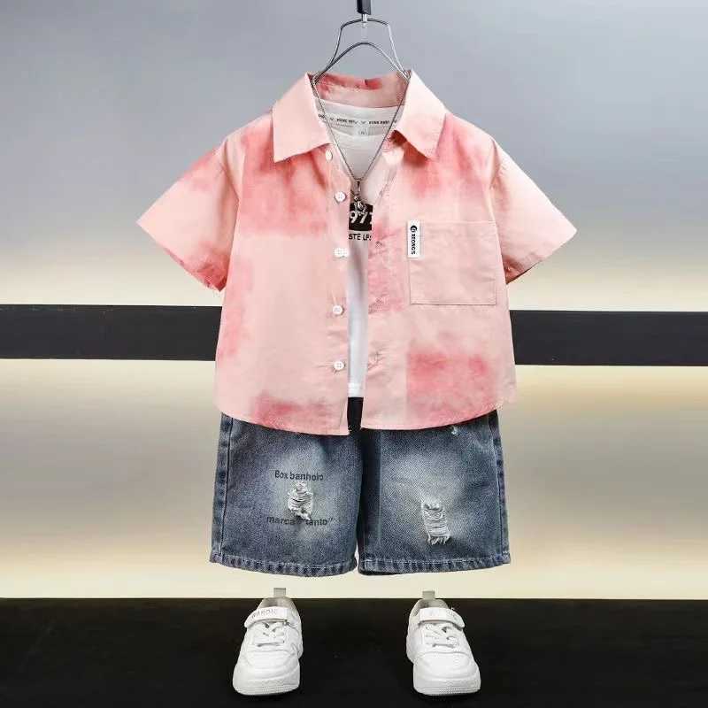 Clothing Sets Boys Short sleeved Shirt Set 2024 New Childrens Summer Top Baby Top Denim Shorts Boys Summer Shirt Two piece Set