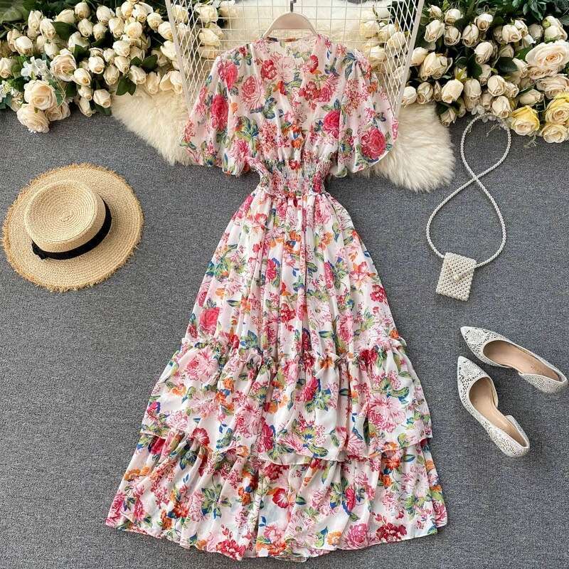 T Typhoon Beautiful Dressv Neck Ruffle Edge High Waist Slim Fit Large Hem Printed Fairy Dress Loose Sexy Waist Bifurcated Short Round Neck Dress SKINN