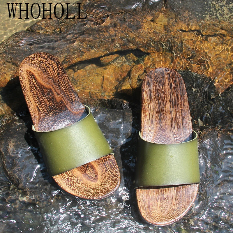 WHOHOLL Geta Man's Summer Slippers Non-slip Beach Slippers Mens Wooden Cool Deodorization Wooden Clogs Outdoor 240808