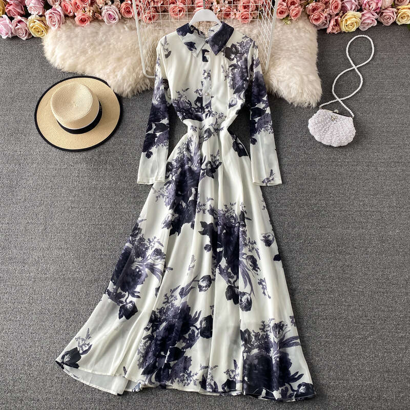 Gentle Style Large Swing Shirt Neck Dress Ink Painted Print Temperament Slim Fit Long Skirt Sexy Dress Loose Bifurcated Sexy SKINNY DRESS High Waist D