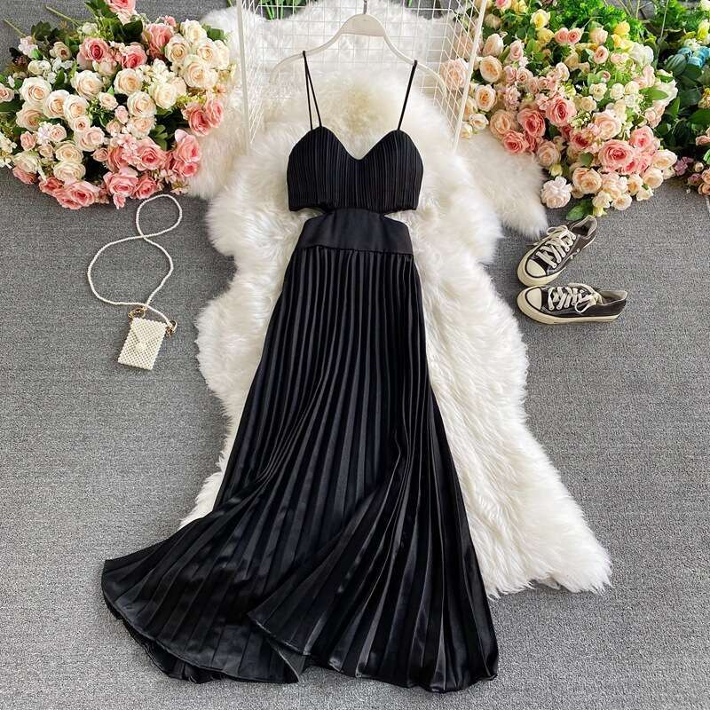 French Open Waisted Strapless Summer New Style, Elegant Socialite, High-end Pleated Camisole Long Dress, Formal Dress Self-cultivation Loose BOHO DRES
